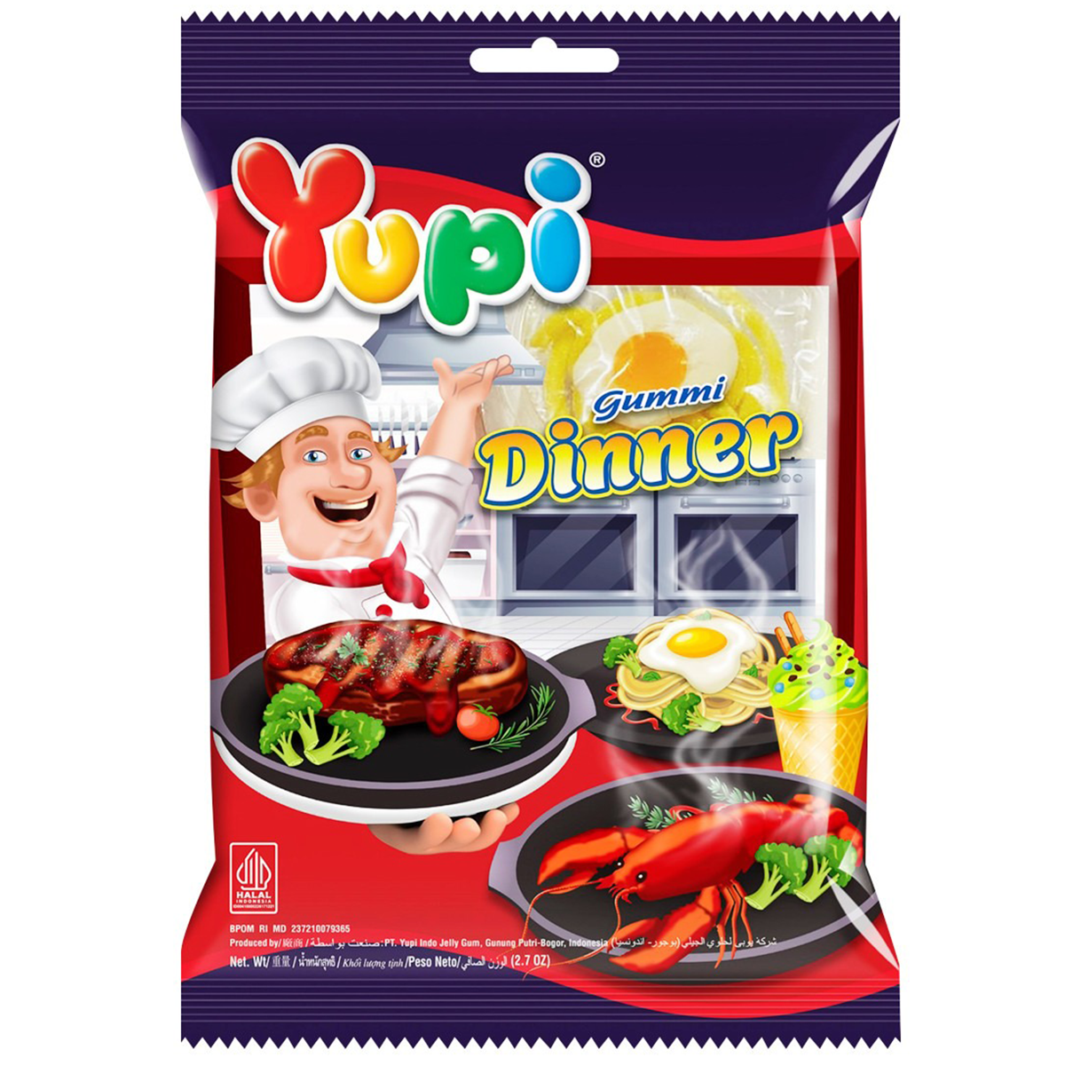 Colorful Yupi Gummy Dinner confectionery snacks in a variety of fruit-shaped gummy candies arranged on a white background.