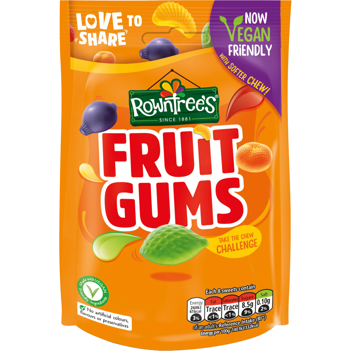 Assorted Rowntree's Fruit Gums in bright colors, showcasing colorful, chewy confectionery snacks in a close-up image.