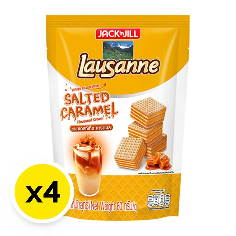 LAUSANNE Lausanne Wafer Non-Coated Salted Caramel snack pack, 60g x4, dry grocery confectionery with crispy wafer and salted caramel flavor