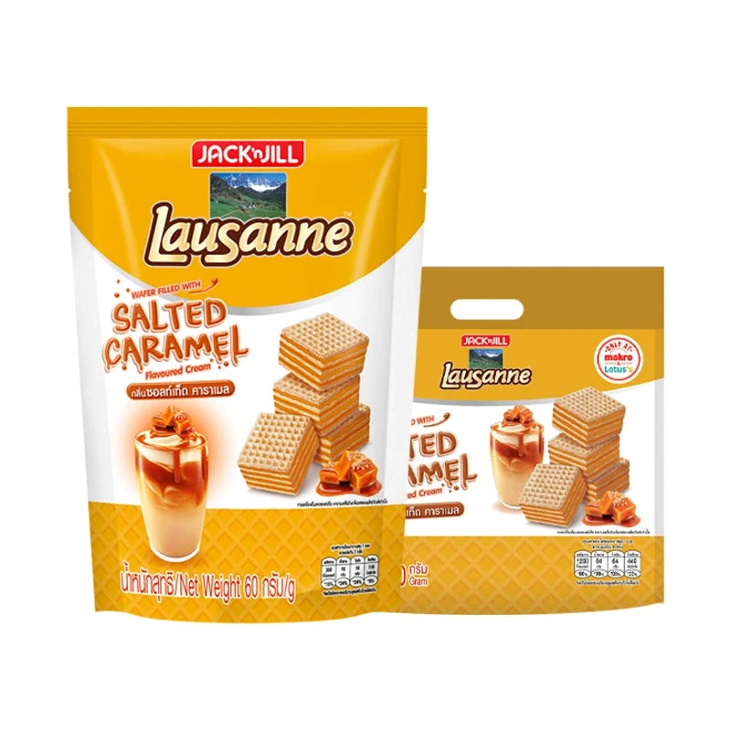 LAUSANNE Lausanne Wafer Non-Coated Salted Caramel snack pack, 4 x 60g, dry grocery confectionery with salted caramel flavor.
