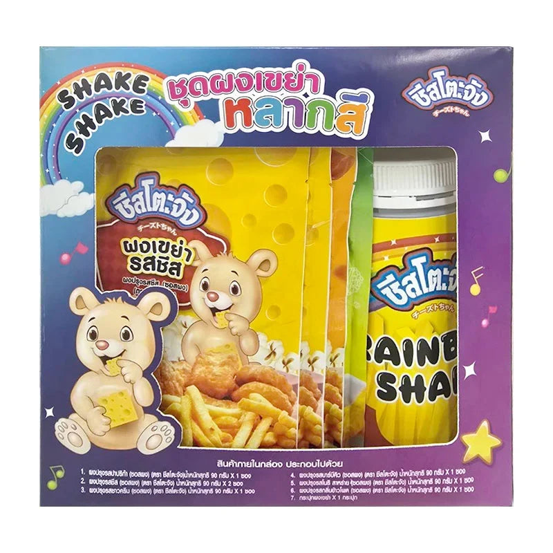 Colorful Cheestojung Cheesetojung dry shake powders set in vibrant packaging, perfect for adding flavor to snacks and desserts.