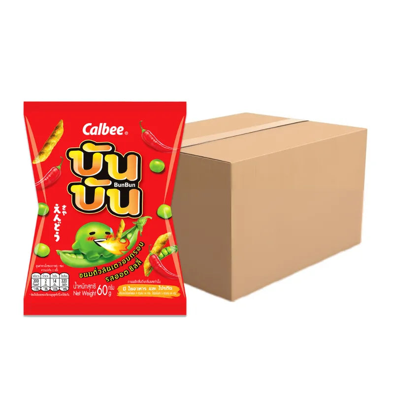Bun Bun Hot Chili Flavored Bun Snacks, 60g dry grocery snack with spicy chili flavor in a colorful package