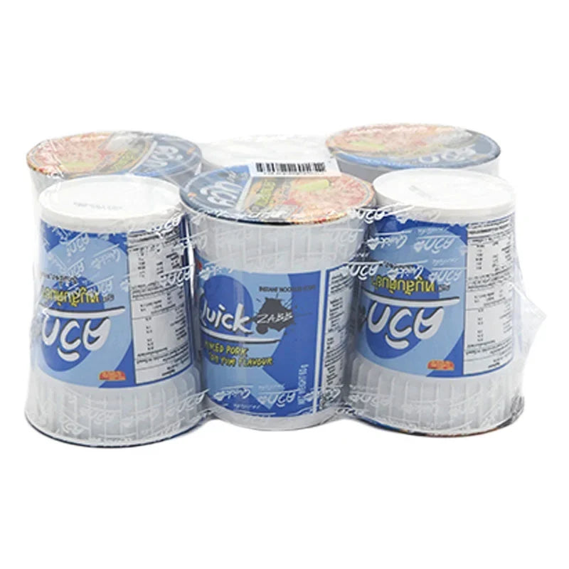 Quick Quick Cup Instant Noodle Minced Pork Tom Yum 60g x6, dry grocery package with six noodle cups and spicy tom yum flavor.