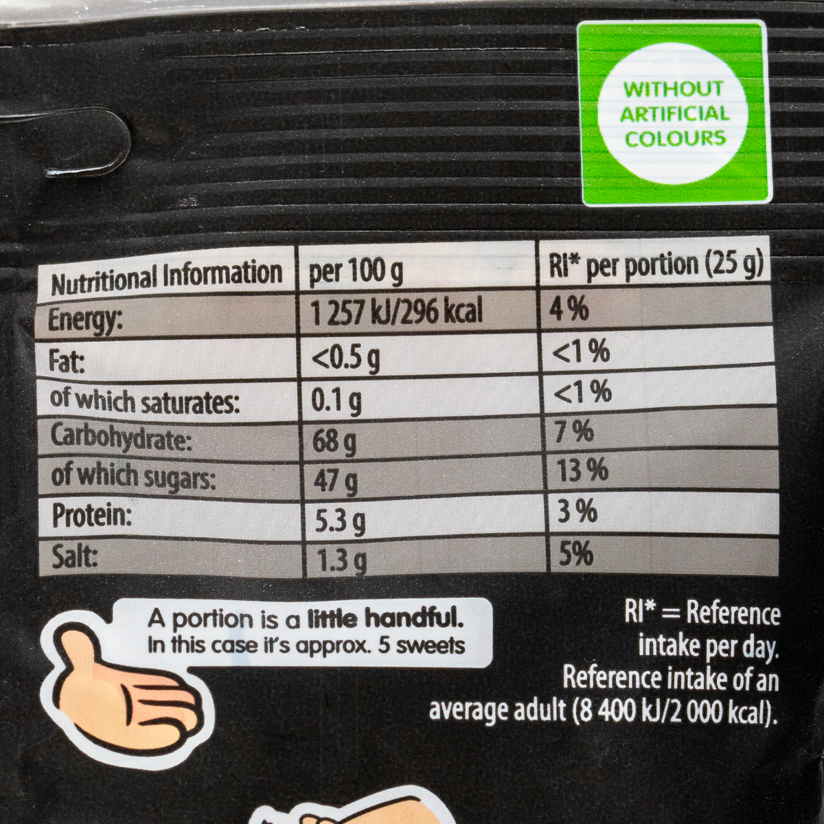 Haribo Pontefract Cakes confectionery snacks in a clear bag, showing the chewy, round licorice candies with a textured surface.