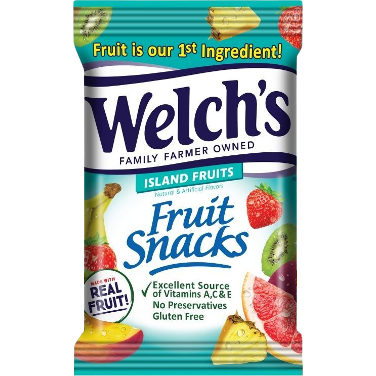 Welch's Island Fruits Fruit Snacks in colorful packaging, featuring tropical fruit shapes and vibrant fruit illustrations.
