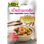Lobo hot and sour curry paste in a jar, featuring vibrant red and brown spices, used in Asian cooking.