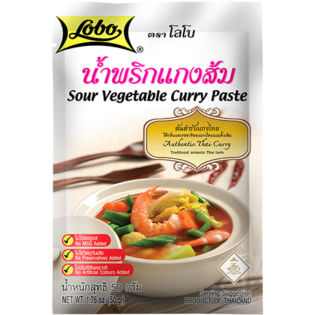 Lobo hot and sour curry paste in a jar, featuring vibrant red and brown spices, used in Asian cooking.
