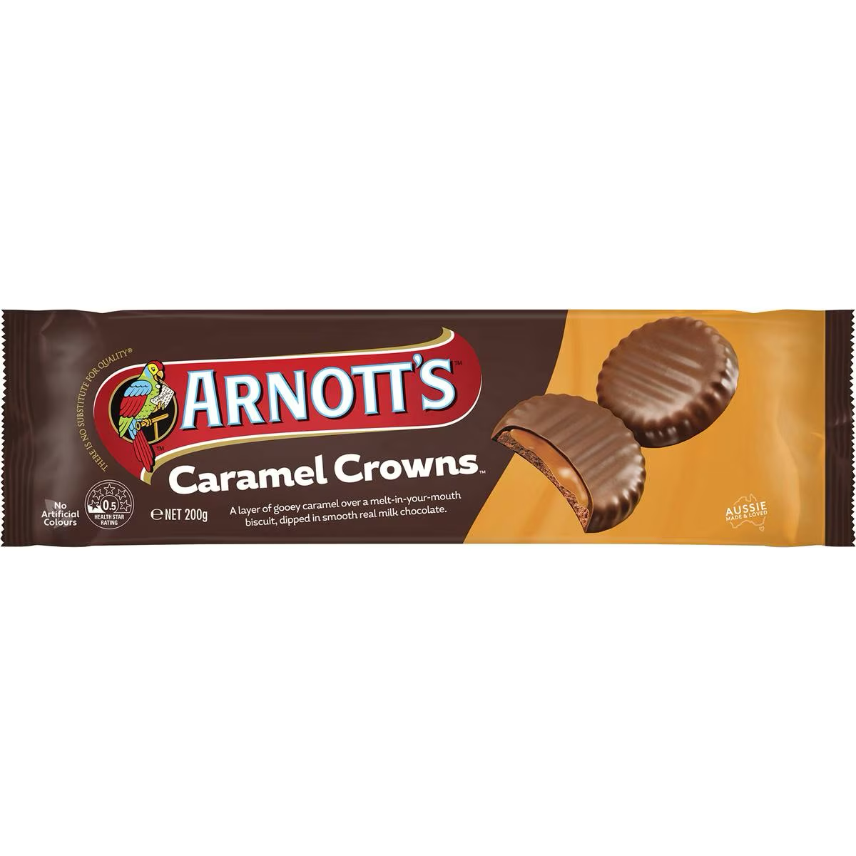 Arnott's Chocolate Caramel Crowns confectionery snacks with chocolate coating and caramel filling, displayed on a plate.