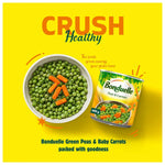 Canned Bonduelle green peas and baby carrots in a 400g can, ready for use in cooking or salads.