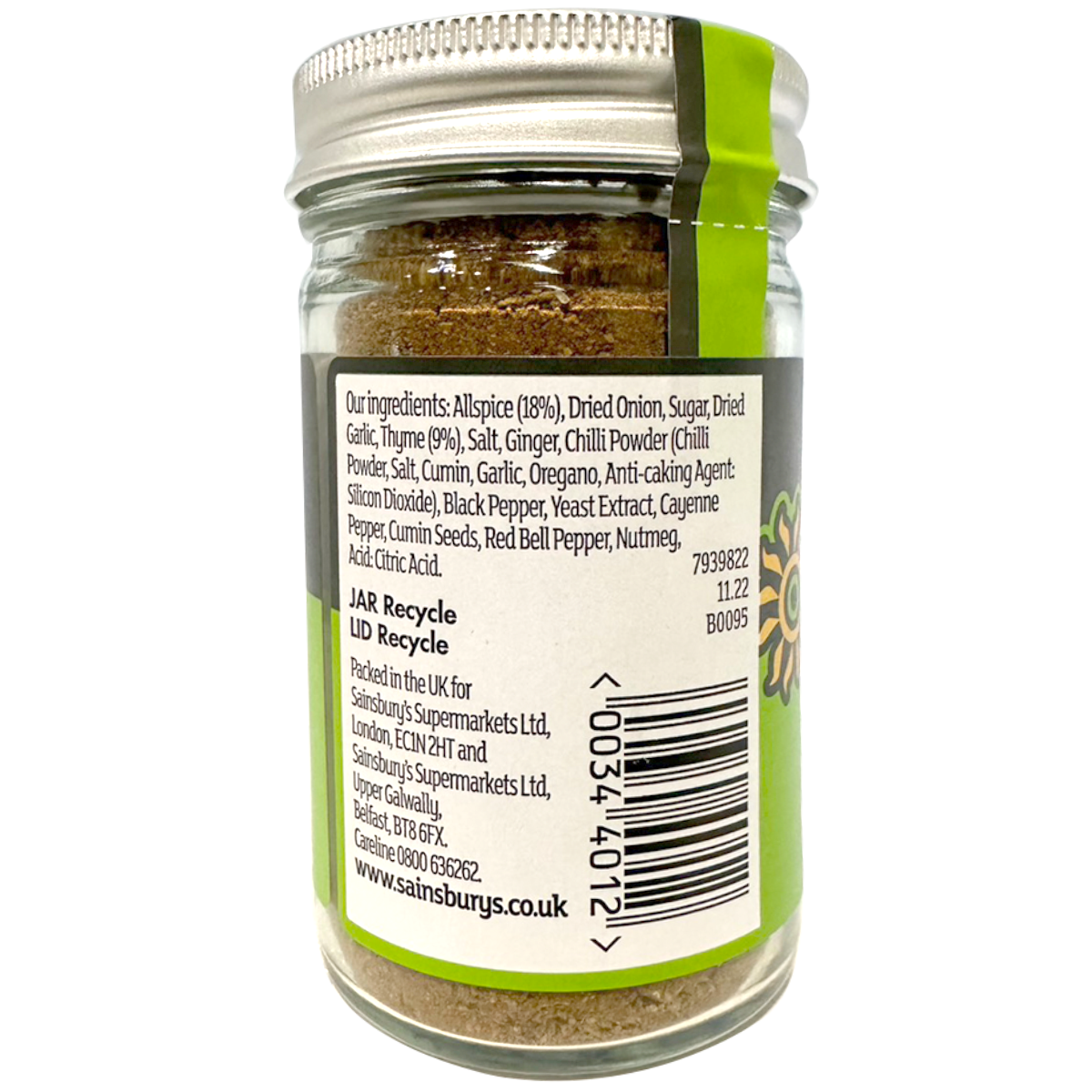 Sainsbury's Itc Jerk Seasoning jar with label, showcasing Caribbean spice blend for grilling and cooking