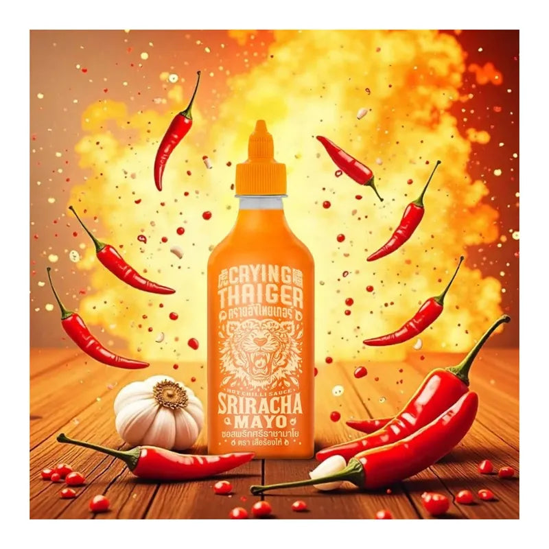 Crying Thaiger Sriracha Mayo Chili Sauce in a 493g bottle, featuring vibrant red chili and creamy mayo swirl on the label.