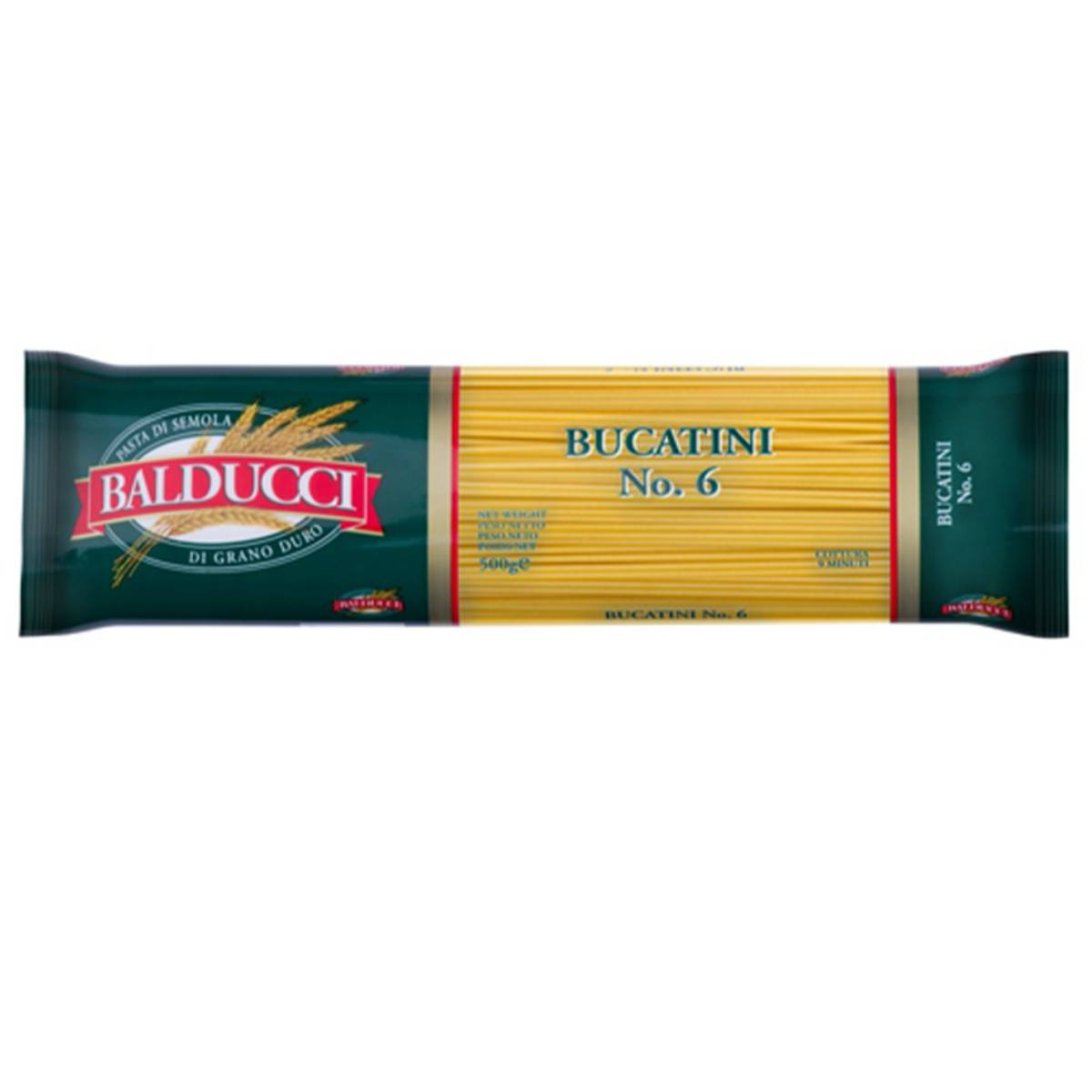 Balducci Bucatini pasta in a grocery store, showing a close-up of the dry, golden spaghetti-like noodles in a clear package.