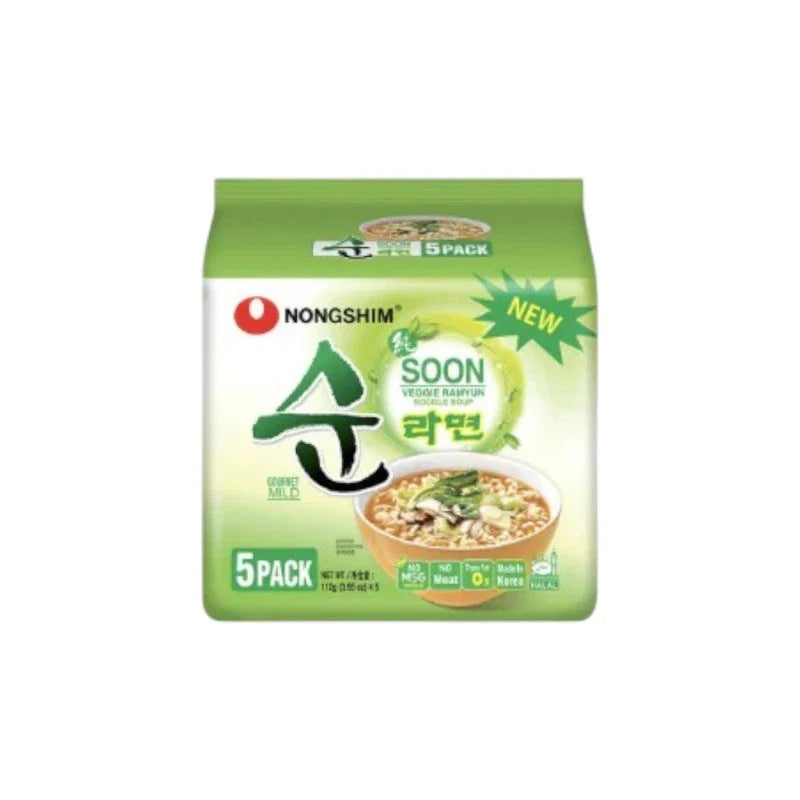 Nongshim Soon Veggie Ramyun dry noodle soup package with colorful vegetable illustrations on a white background