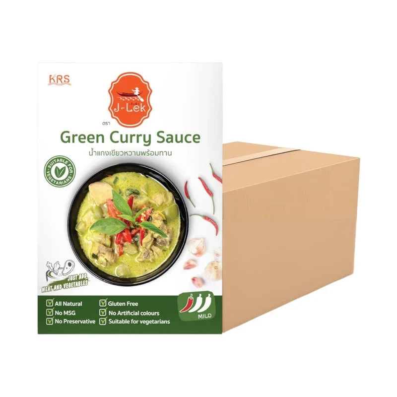 J-LEK Green Curry Paste Packets 250g, dry grocery, with vibrant green Thai curry paste in sealed packets.