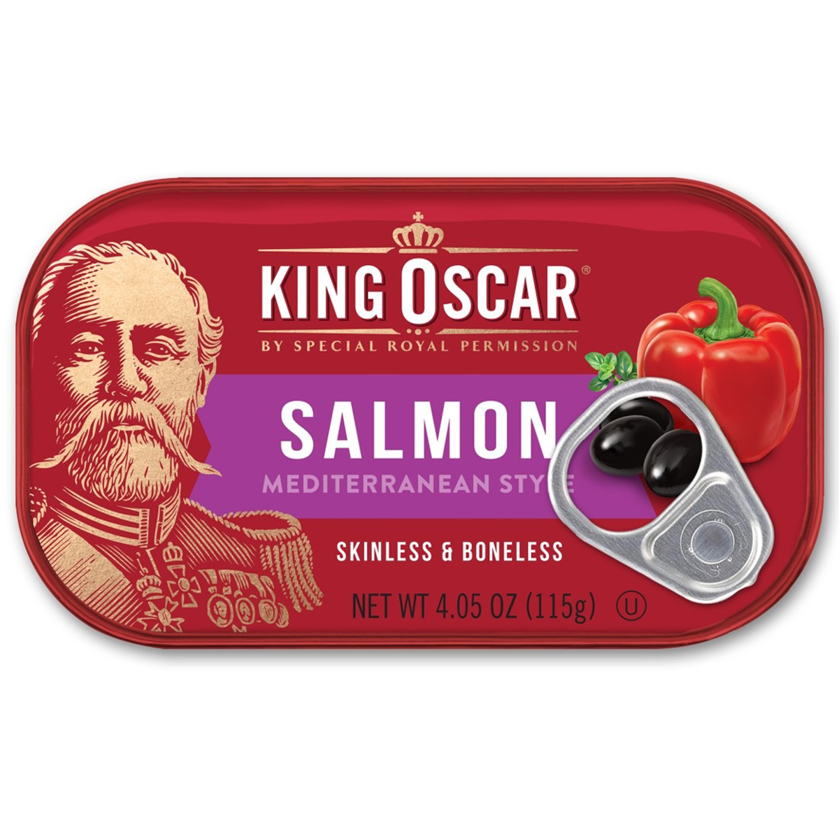 Canned King Oscar salmon in Mediterranean style with herbs and spices, ready for serving or cooking.