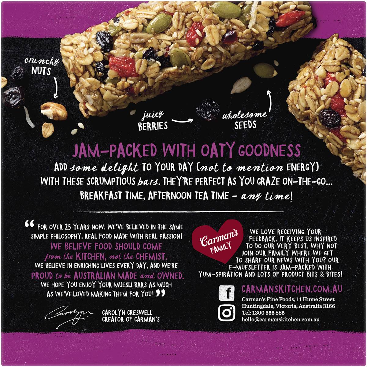 Carman's Super Berry Muesli Bars displayed on a white background, showcasing the healthy snack with berry and oat ingredients.