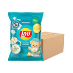 LAYS Classic Sour Cream & Onion snack chips in 69g bags, arranged in a box, showcasing the snack's flavor and packaging.
