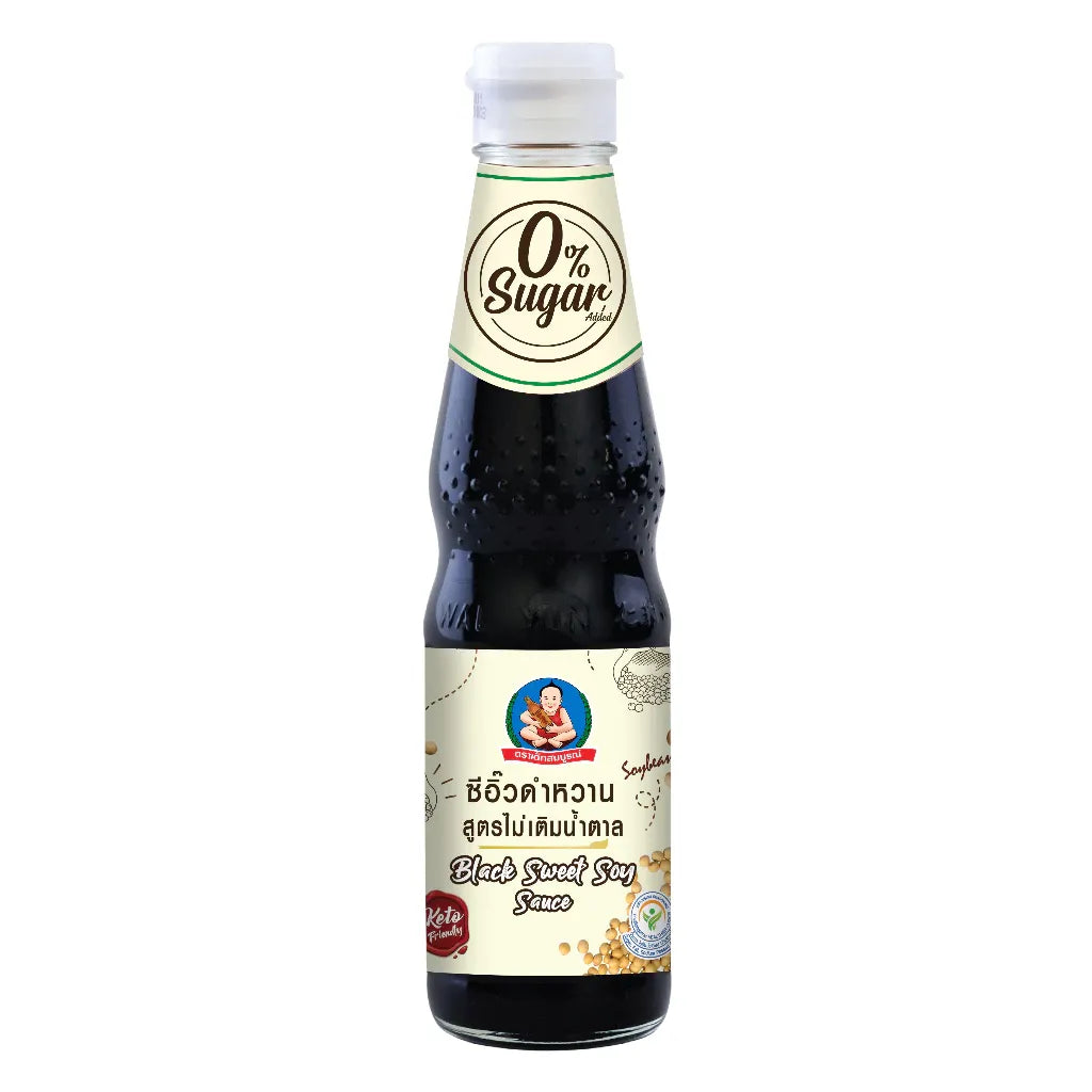 Deksomboon Keto Black Sweet Soy Sauce 330g bottle, ideal for Asian cuisine, with dark soy sauce visible in the image.