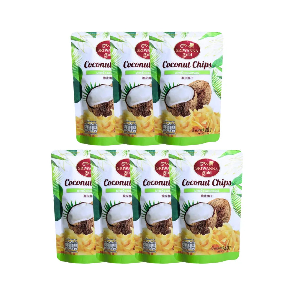 Sriwanna Gold Coconut Chips in 40g pack, dry grocery snack with crispy, toasted coconut slices from SRIWANNA brand.