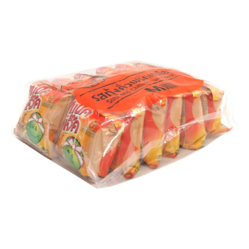 Snack Jack green pea salt chili prawn snack in 15g x 12 packs, dry grocery snack with spicy chili and prawn flavor.