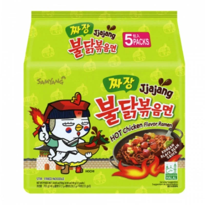 Samyang Jjajang Ramen 140g x 5 packs, dry grocery noodle product with black bean sauce flavor in packaging.