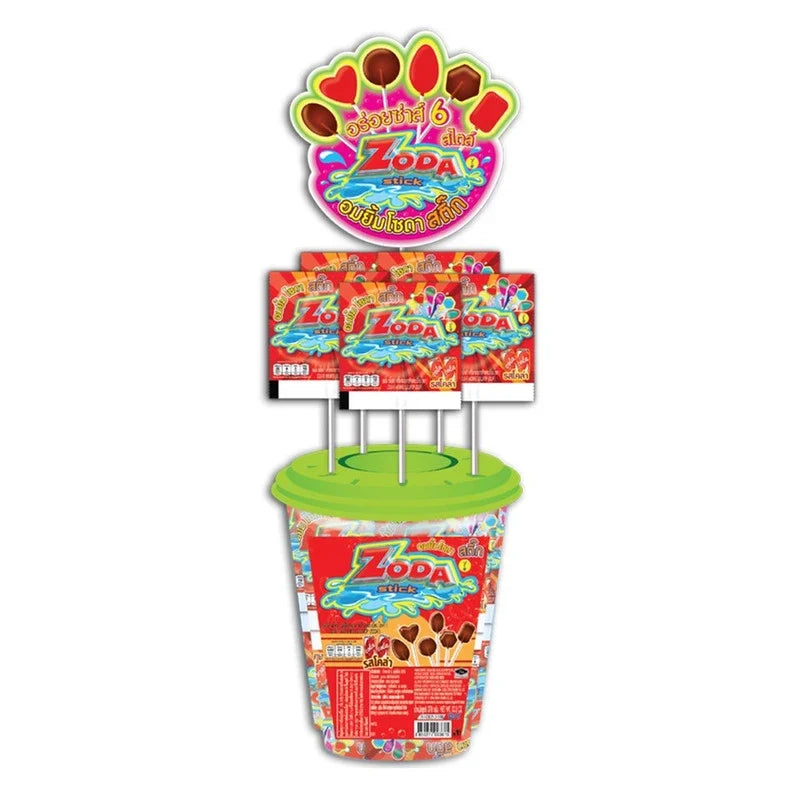 Zoda Cola Flavored Lollipop Stick Candy, 7g, dry grocery snack with bright red and blue packaging showing the lollipop