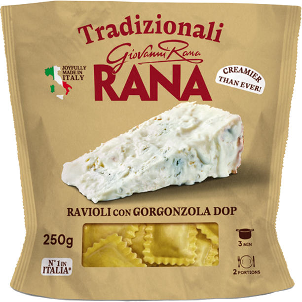 Giovanni Rana Ravioli with Gorgonzola DOP cheese, fresh pasta filled with creamy Gorgonzola in a grocery store setting