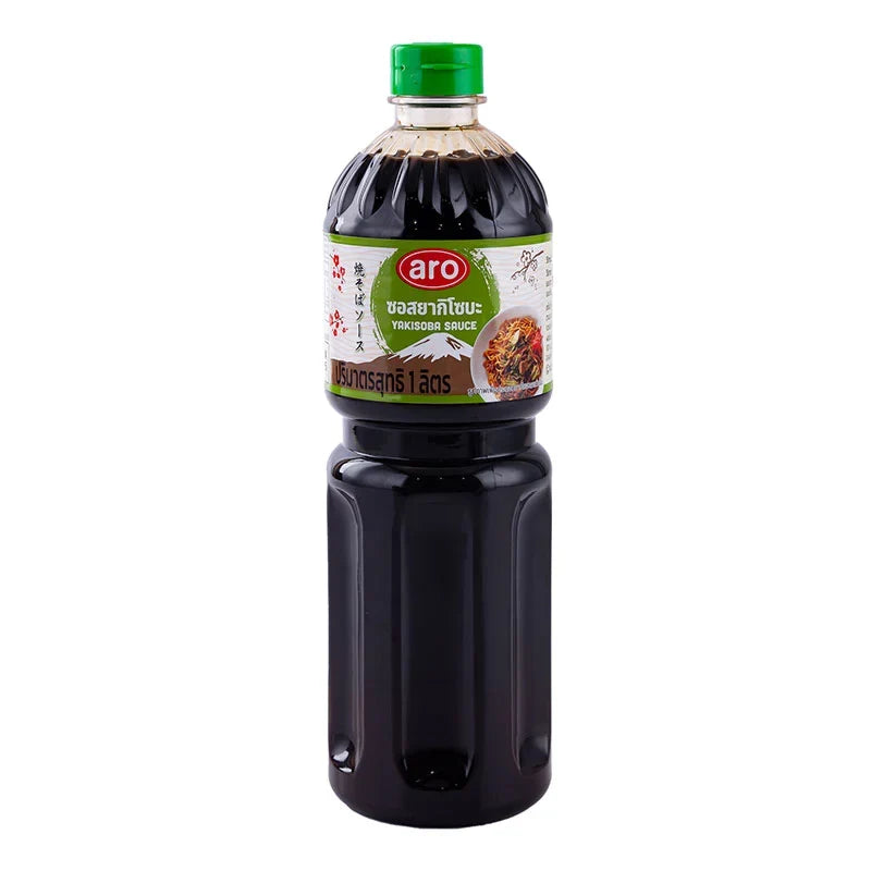 ARO Yakisoba Sauce in a 1L bottle, a dark savory Japanese sauce for stir-fried noodles, part of dry grocery essentials.