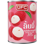 Ufc Fruit Can Lychee in a metal can, ready for grocery use, showcasing fresh lychee fruit with vibrant packaging.