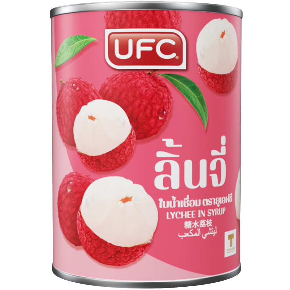 Ufc Fruit Can Lychee in a metal can, ready for grocery use, showcasing fresh lychee fruit with vibrant packaging.