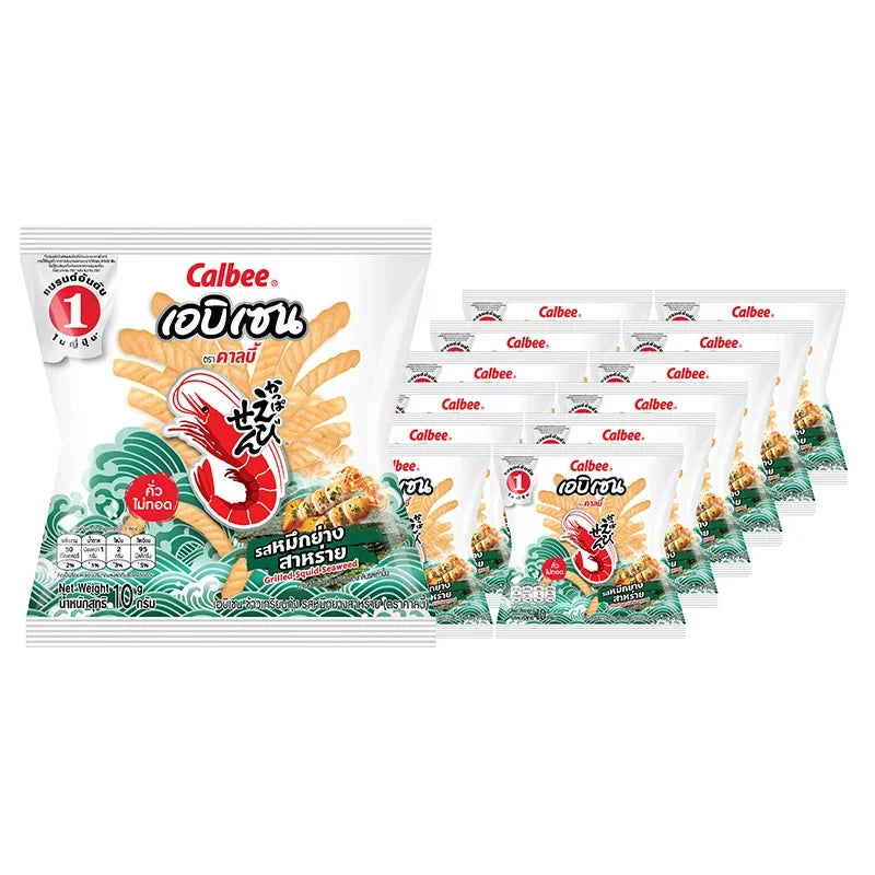 Calbee Ebisen prawn crackers with grilled squid and seaweed flavor in a 10g pack, part of dry grocery snack selection.