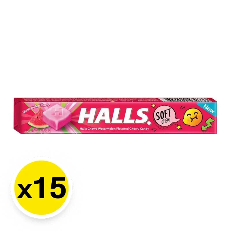 Halls Chews Watermelon flavor in 47g packages, a popular candy snack from the HALLS brand.