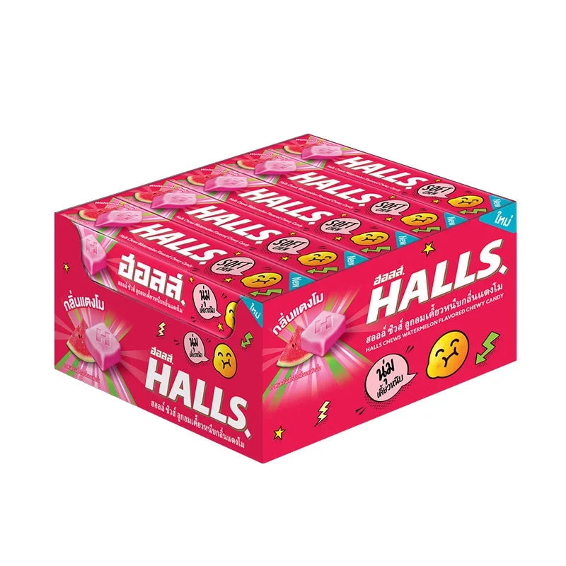 Halls Chews Watermelon flavor, 47g pack, part of a 15-pack of dry grocery snack candies, with bright watermelon-colored candies visible.