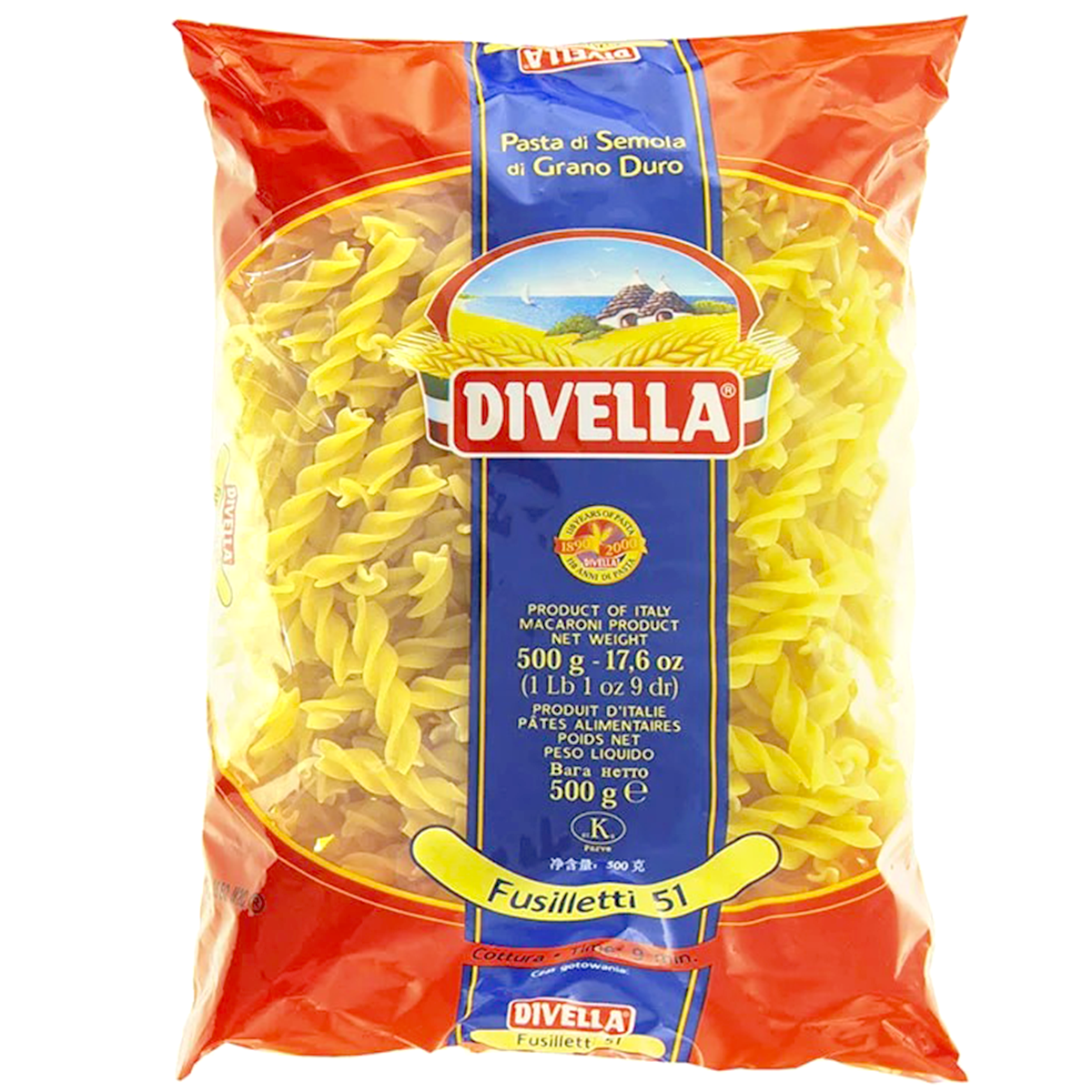 Divella Fusilletti 51 pasta in a clear bowl, showcasing the Italian dried pasta shape and brand packaging.