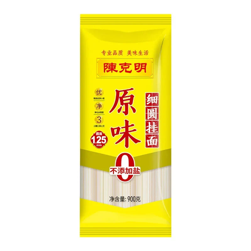 Chen Ke Ming round dry noodles in 900g package, showing the packaged noodles ready for cooking in a clear image.