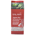 Organic red Thai jasmine rice in a clear bag, showing the long, fragrant grains from Salana brand.