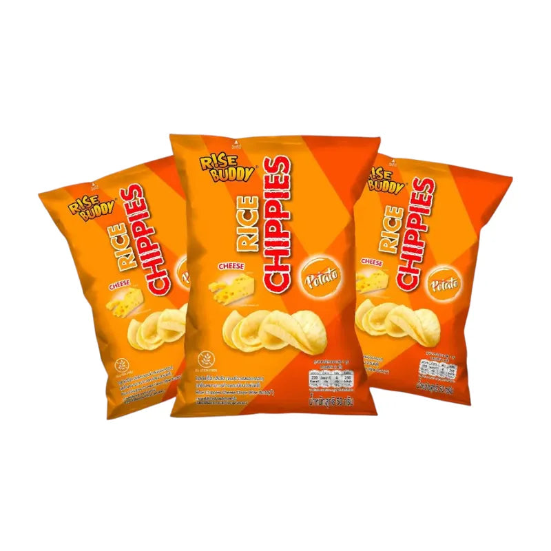 Rise Buddy Rice Chippies snack in colorful packaging, dry grocery rice chips perfect for a crunchy confectionery treat.