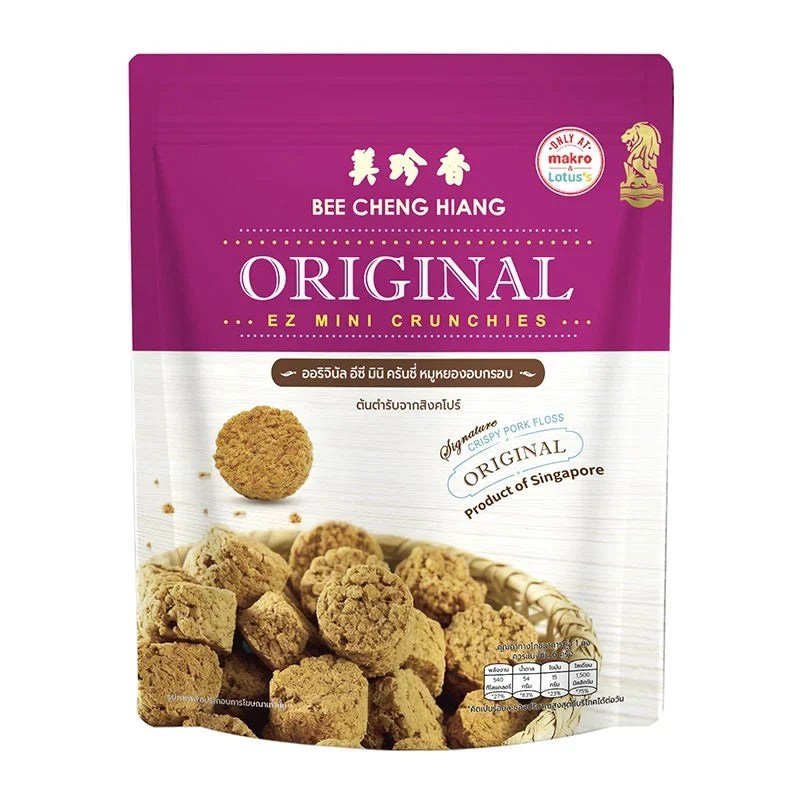 BEE Cheng Hiang Original EZ Mini Crunchies 120g, crunchy snack in a clear bag, perfect for dry grocery and confectionery.