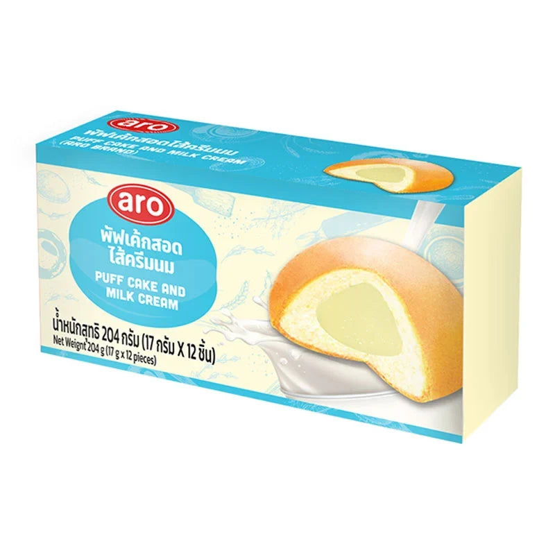 ARO Puff Cake filled with milk, 17g each, shown in a package of 12, a popular dry grocery snack by ARO.