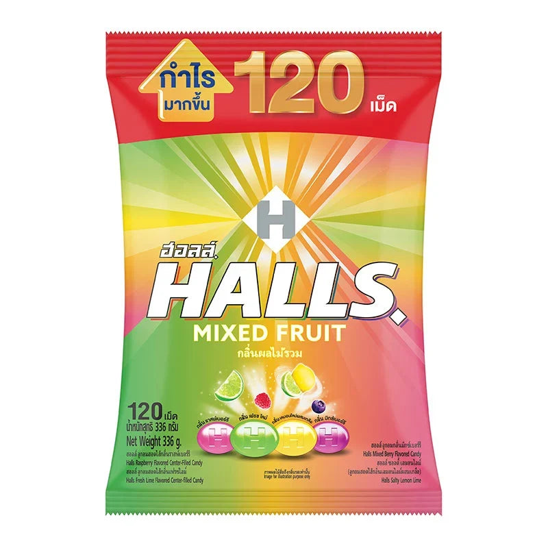 Halls Candy Mixed Fruit snacks confectionery in colorful wrappers, showcasing a variety of fruity flavors and textures.
