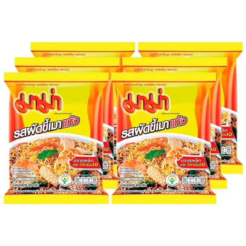 Mama stir-fried noodles with drunken flavor packets, dry grocery product, featuring cooked noodles and flavorful seasoning in the image.
