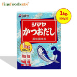 Shimaya Katsuo Dashi Karyu 1kg dry Japanese fish stock powder in a clear bag, used for flavorful soups and broths.