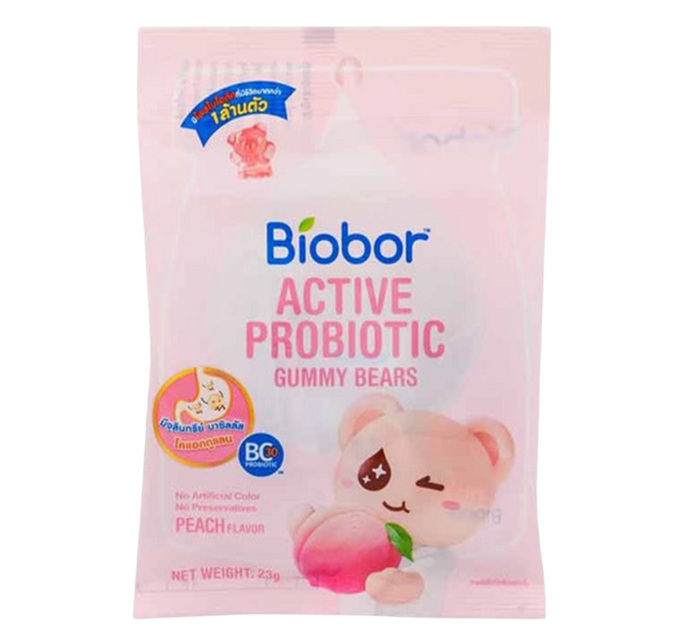 Biobor Active Probiotics Peach confectionery snack showing peach-flavored probiotic candies in colorful packaging