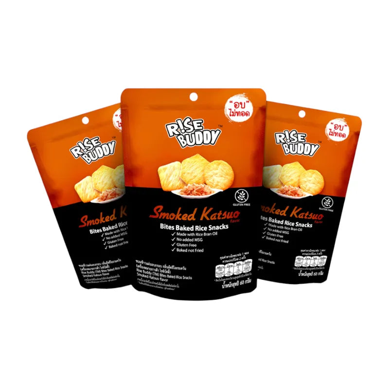 Rise Buddy Crispy Rice Snacks in a clear bowl, showing light, airy rice cereal treats from the RISE BUDDY dry grocery snack collection.