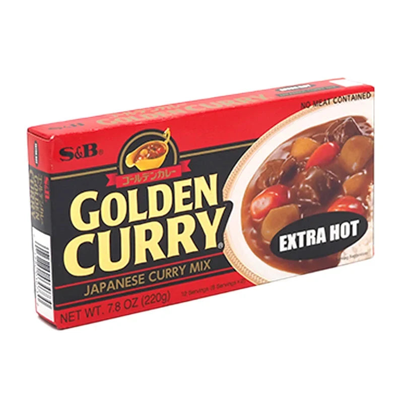 S&B Golden Curry Extra Hot 220g dry curry mix in packaging, suitable for making spicy Japanese curry at home