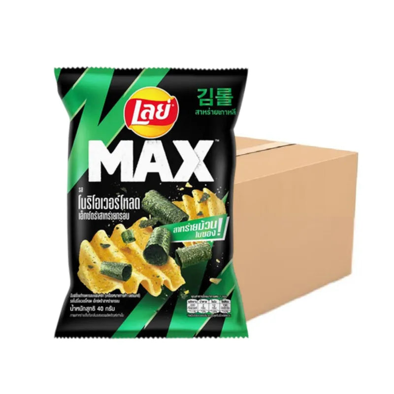 LAYS MAX Nori Crunchy Seaweed snack in 40g pack, showing crispy, seasoned seaweed pieces in a colorful package.