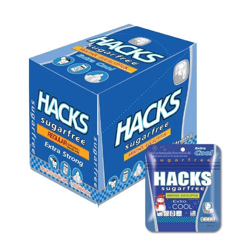 Hacks Sugar-Free Menthol Eucalyptus candy pack with 12 boxes, 20.5g each, showing the colorful packaging of this confectionery product.