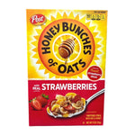 Box of POST Honey Bunches of Oats with Strawberry cereal, dry grocery product with honey and strawberry-flavored oat clusters