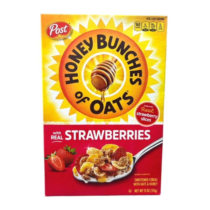 Box of POST Honey Bunches of Oats with Strawberry cereal, dry grocery product with honey and strawberry-flavored oat clusters