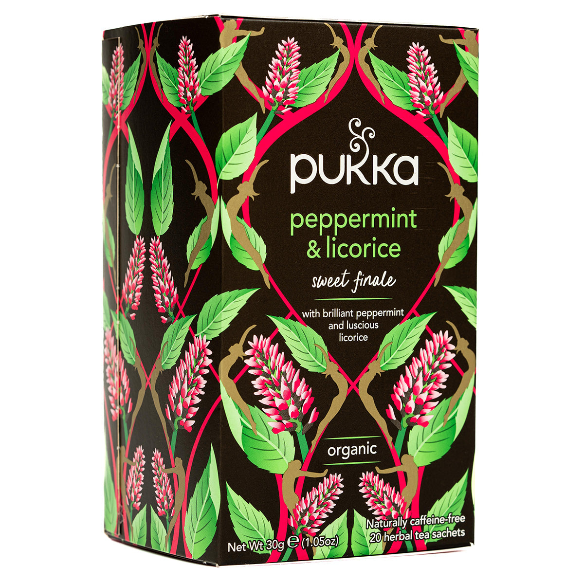 Pukka peppermint and licorice tea bags in a box, caffeine-free herbal tea, healthy drink option, natural ingredients visible.